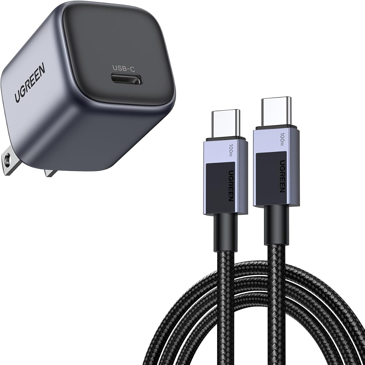 Paquete de cargador USB C UGREEN de 30 W con cable USB C de 3,3 pies, carga rápida de 100 W, compatible con iPhone 15/15 Pro/15 Pro Max