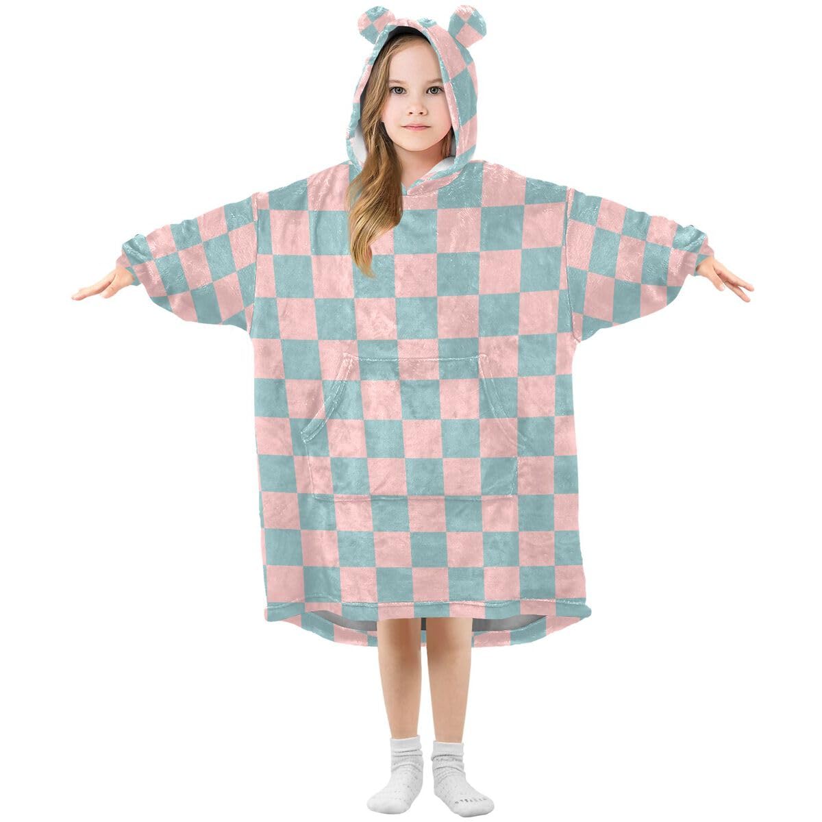 Dziecięcy koc w kratkę retro bluza z kapturem oversize bluza koc sweter niebieski różowy dla chłopców i dziewcząt w wieku 3-14 lat