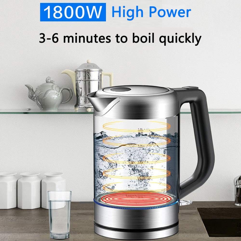 -Bollitore elettrico in vetro, bollitore con controllo della temperatura da 1,8 litri, luce a LED, bollitore senza fili, spegnimento automatico, 100% senza Bpa, bollitore per caffè, tè, caffè