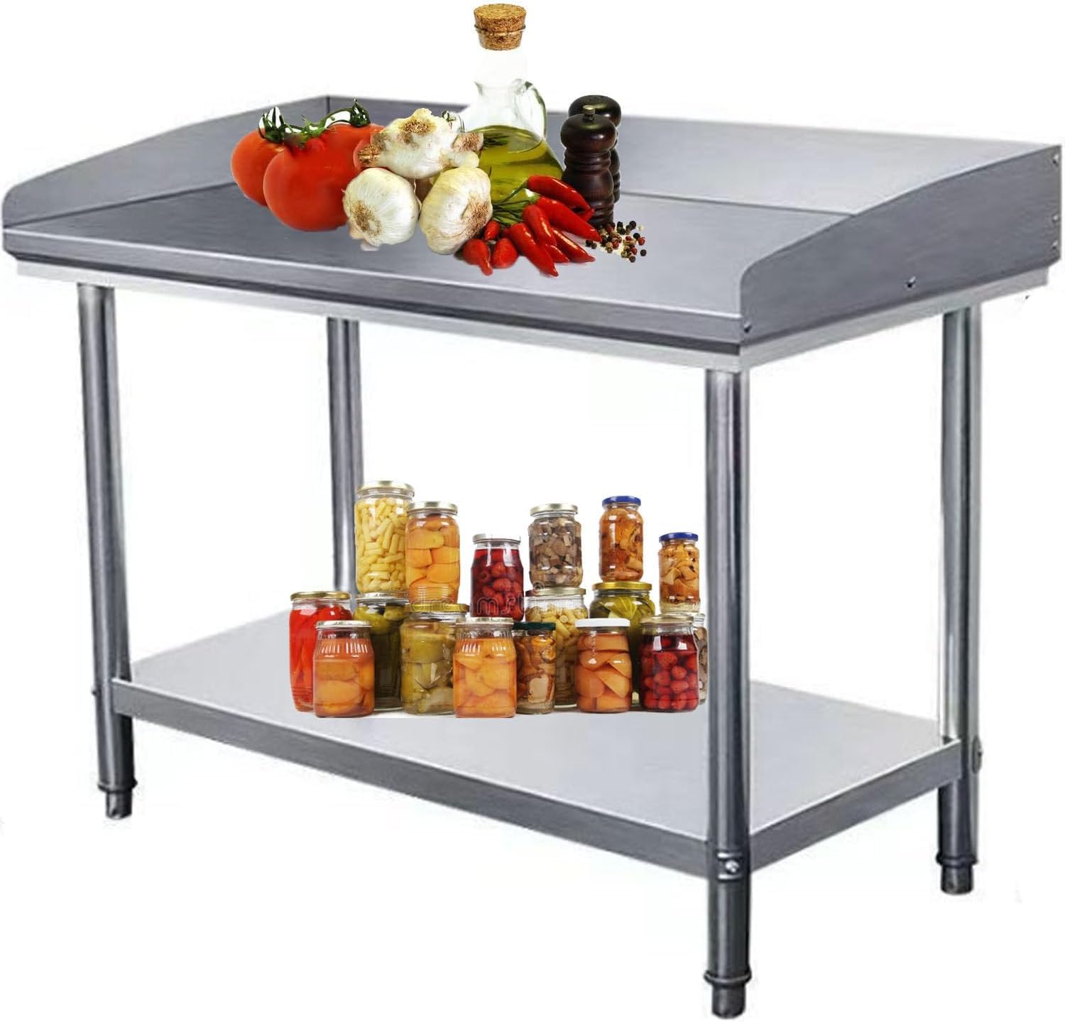 Mesa de preparación comercial resistente con protector contra salpicaduras y estante inferior, estación de trabajo de acero inoxidable para cocina, restaurante, catering