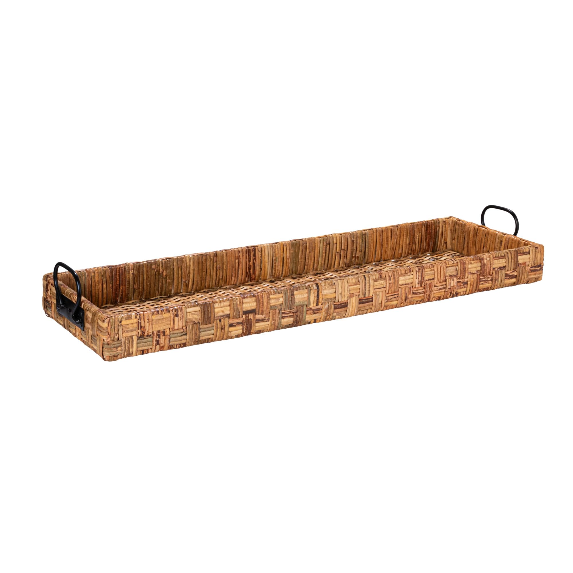 Creative Co-Op Oversized Hand-Woven Rattan Tray with Metal Handles, Natural