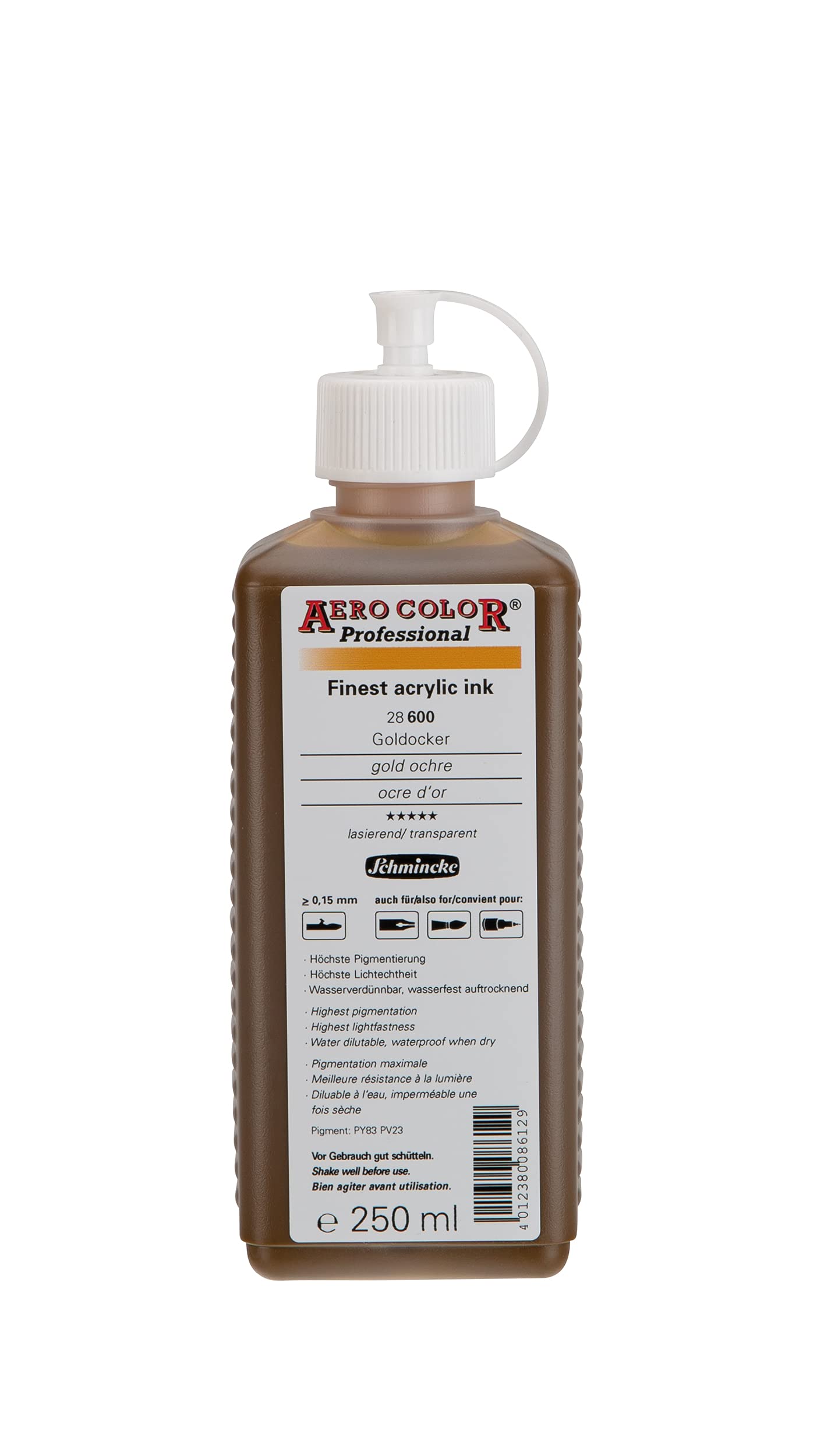 Schmincke - AERO COLOR® Professional, Gold ochre 250 ml, 28600027, highly liquid, highly brilliant acrylic colour for acrylic painting, airbrush, mixed media, acrylic ink