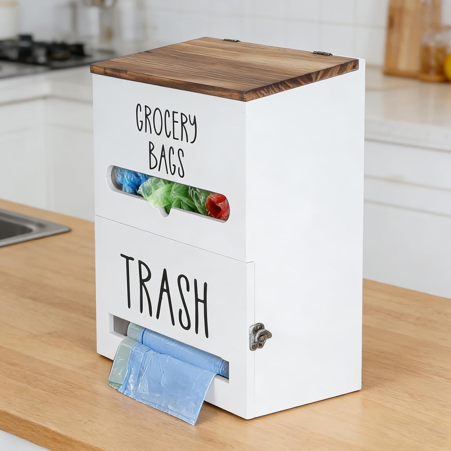2 in 1 Trash Bag Holder with Grocery Bag Holder, Wooden Trash Bag Dispenser Wall Mounted, Trash Bag Organizer for Countertop/Under Sink, Garbage Bag Holder Dispenser for Plastic Bags, White