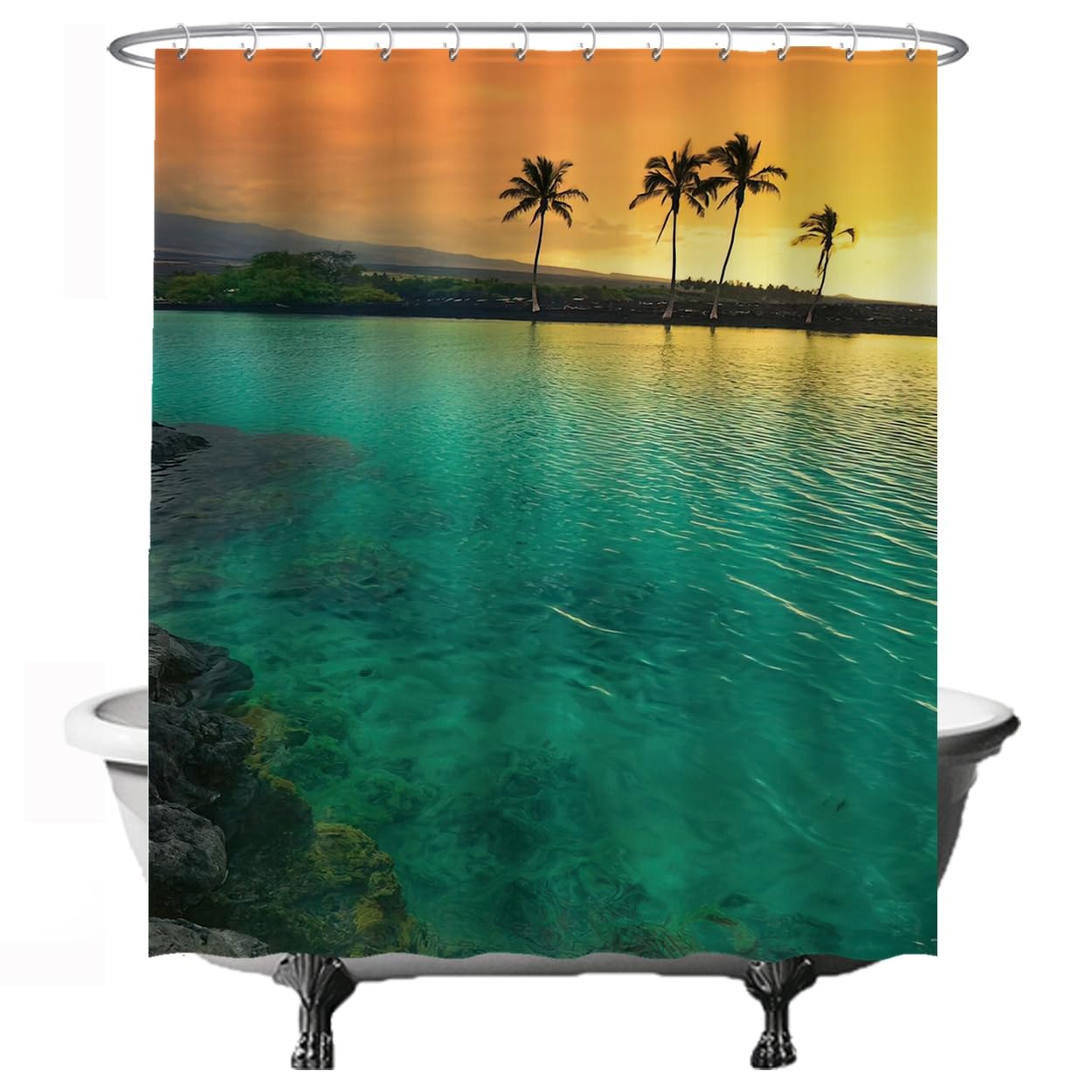 Ulticool Cortina de Ducha – Mar Playa Puesta de Sol – 180 x 200 cm – Lavable – Antimoho – con 12 Anillos Blanco - Semi Transparente – Azul Verde Amarillo