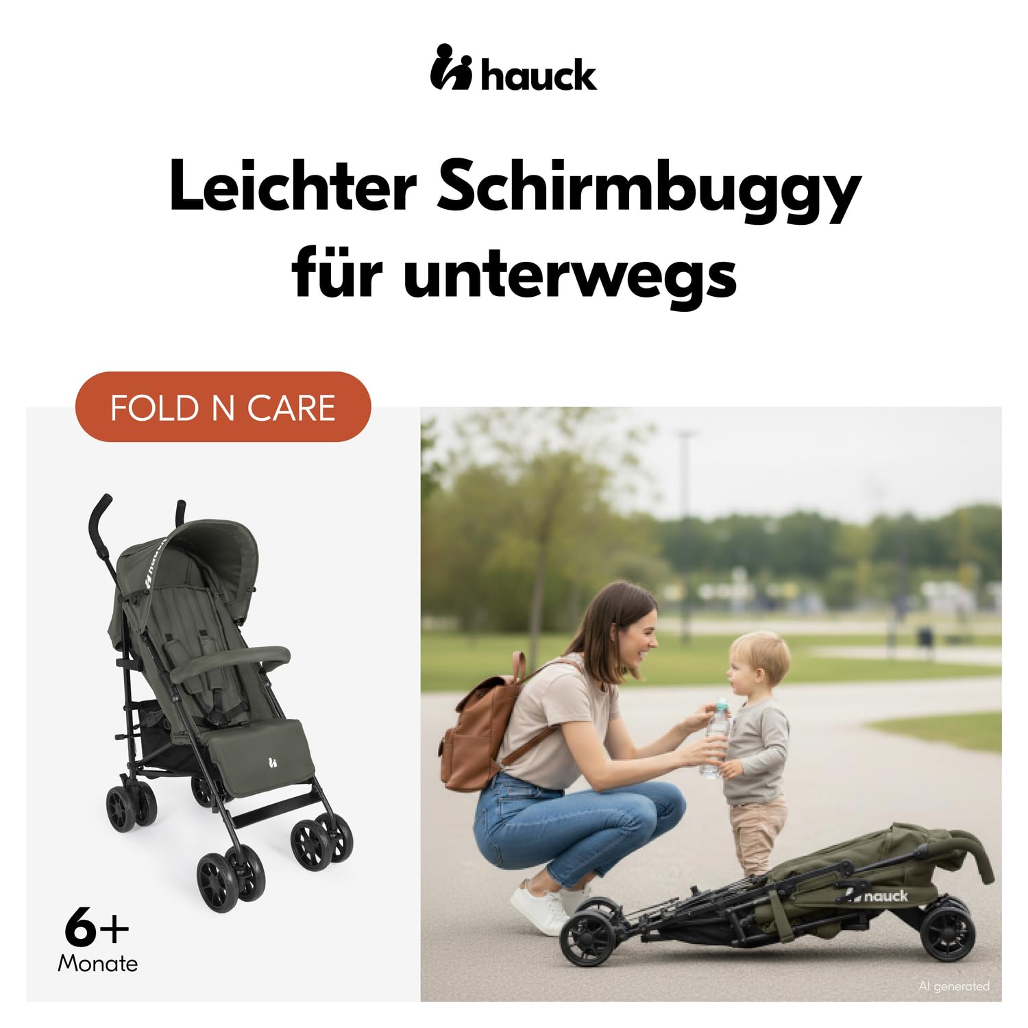 Hauck Fold N Care Olive Schirmbuggy für Kinder bis 22 kg mit Liegeposition & UV-Schutz 50+, XL Korb, EVA Räder