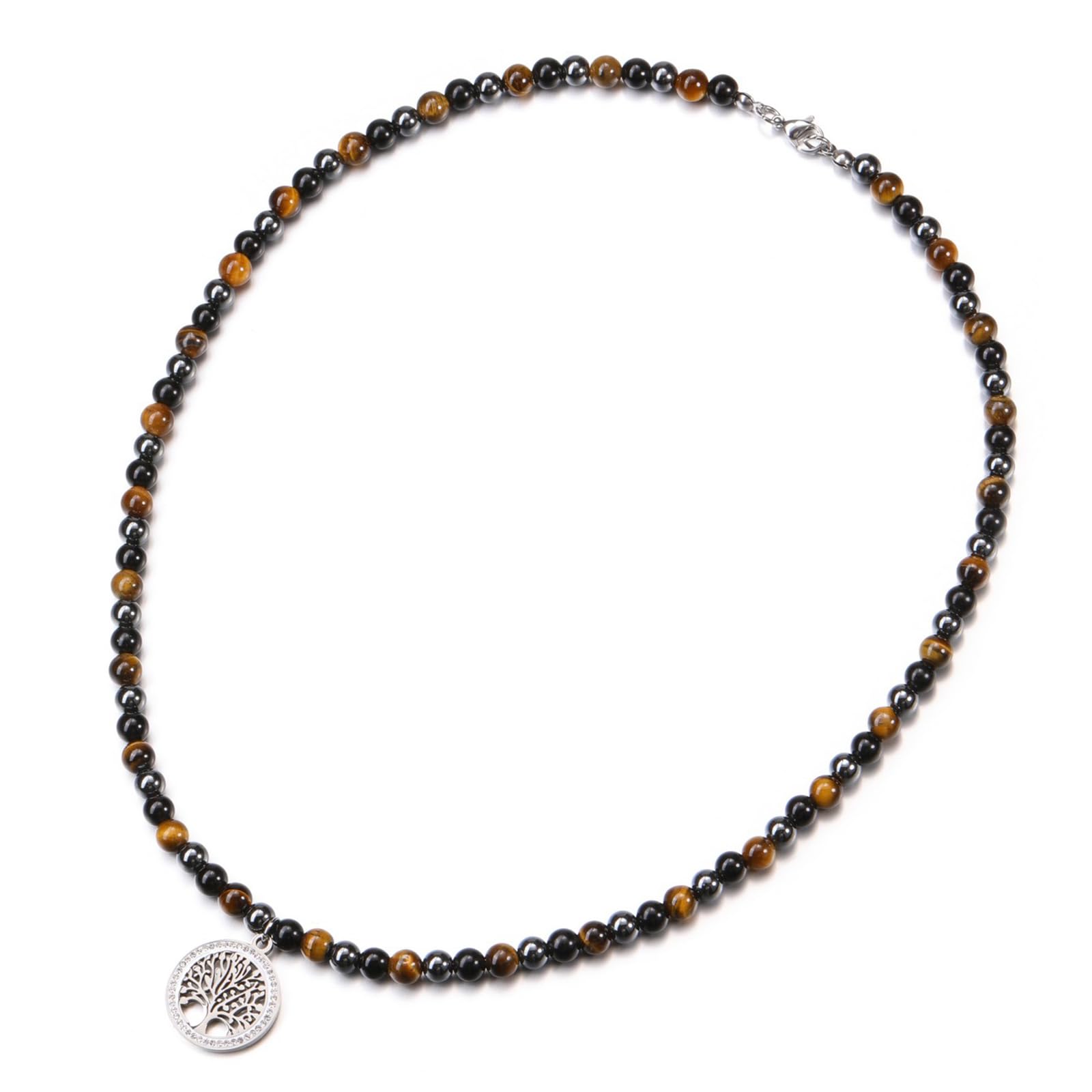PiercingJak Herren Perlenkette mit Lebensbaum Anhänger Männer Kristallkette | Tigerauge + Obsidian + Hämatit Steine Perlen Kette Glück Heilsteine Spiritueller Schmuck Amulett für Mann, 55.8cm