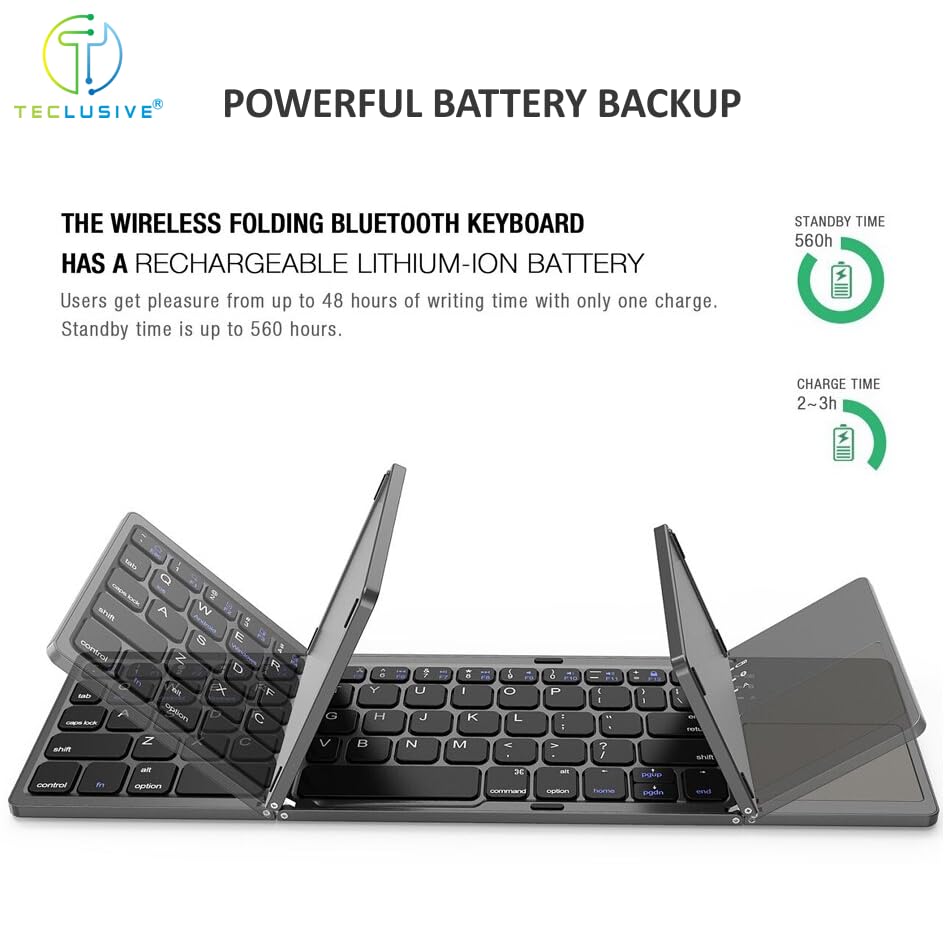 T TECLUSIVE Slim Foldable Wireless Bluetooth Keyboard with Integrated Touchpad | Folding Rechargeable Keyboard with Trackpad | Compatible for... - Image 2