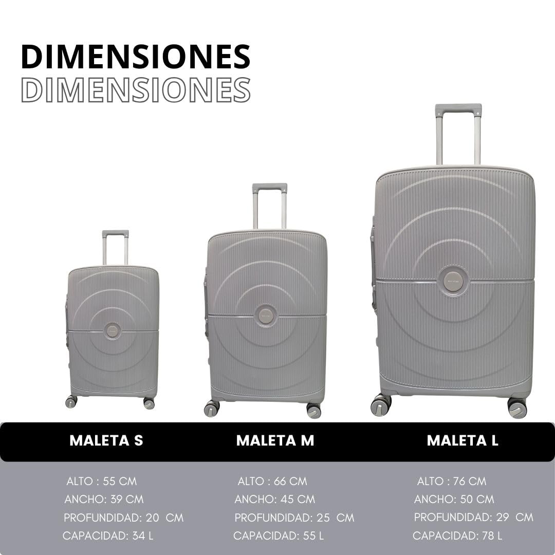Max Star Juego de Maletas de Viaje 3 Piezas, MS636, Ruedas 360º, Polipropileno, Impermeable, Resistente, Ligera, Gran Capacidad, Maleta Cabina, Mediana, Grande, Gris