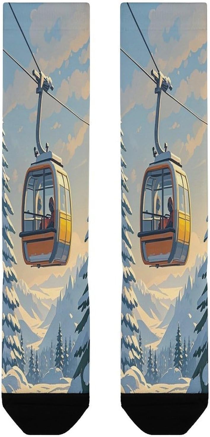 Ski Lift With Fir Tree Crew Socks Calf Socks Athletic Crew Sock