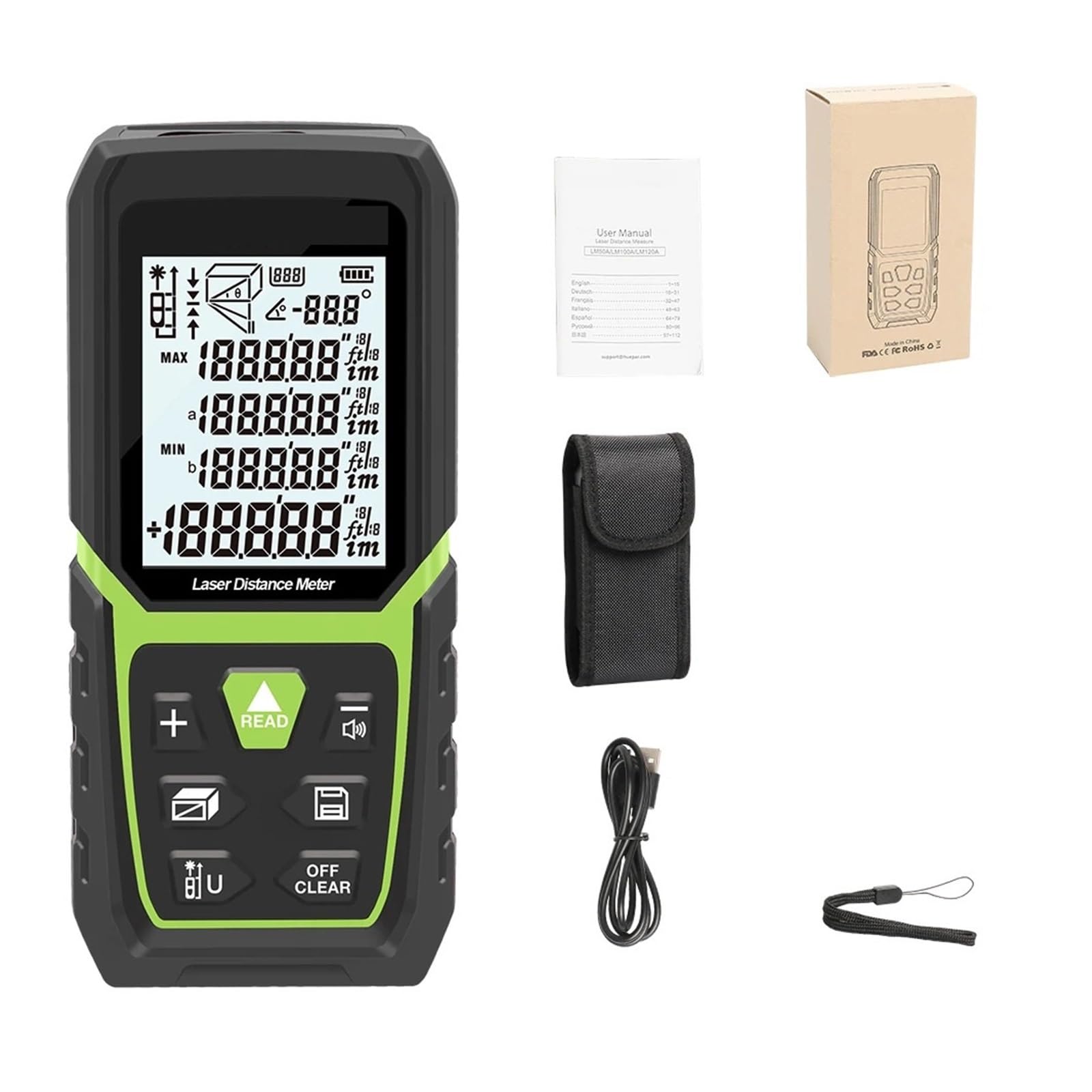 Medidor De Distancia Telémetro 330 Pies/100 M LCD Retroiluminado Medida M/In/pies Con Batería De Iones De Litio Y Sensor De Ángulo Eléctrico(50m)
