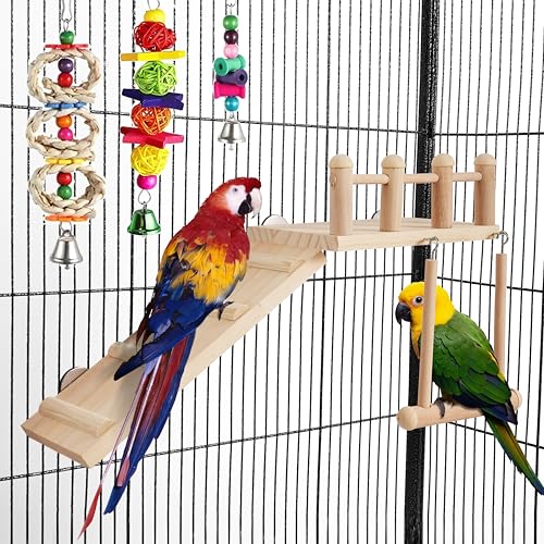 Image of FrgKbTm Wooden Parrot Bird Perch Platform with Climbing Ladder,Parrot Play Stand Bird Swing Bridge Chewing Toys for Parakeet Cockatiel Conure Lovebirds (Bird Swing Set 2)