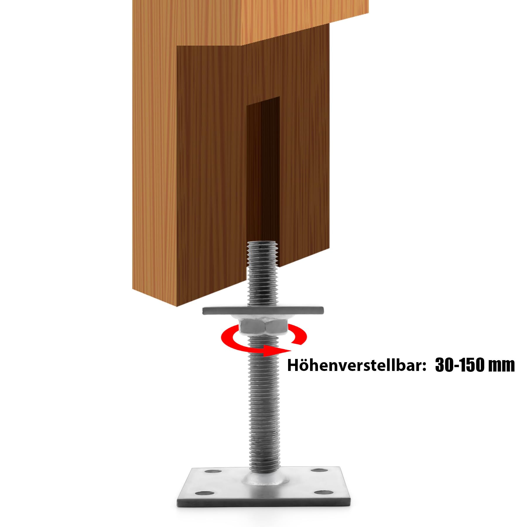 BigDean 4 Stück Pfostenträger höhenverstellbar Höhe 30– 150mm – verzinkt & zum Aufschrauben