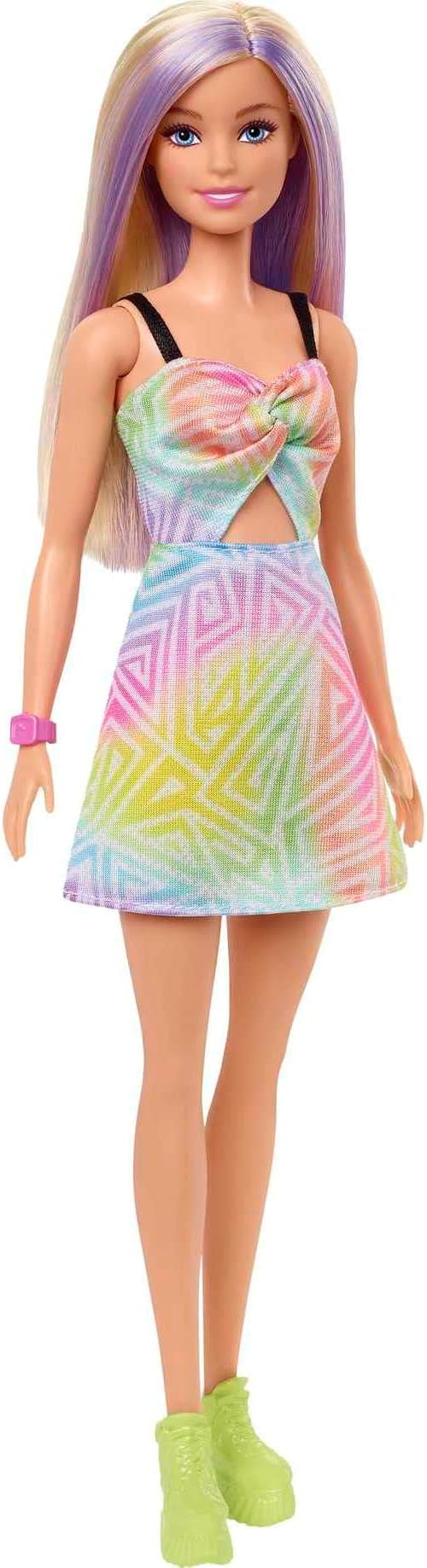 Barbie Fashionistas Doll #190, Blonde Hair with Purple Streaks, Romper Dress, Yellow Wedge Sneakers, Bracelet, Toy for Kids Ages 3 and Up