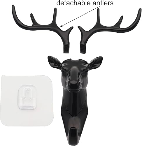 Miniatura 2 de Cangder 3 ganchos de pared de ciervos, cuernos de pared, ganchos de pared de animales negros, soporte para llavero colgante para decoración de pared