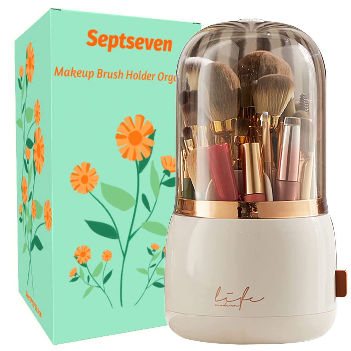 septseven Organizador Brochas de Maquillaje, Organizador de Cosméticos con Tapa, Organizador de Pinceles de Maquillaje 360 Grados, Beauty Organizer Para Tocador Dormitorio Baño (blanco)