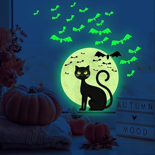 Miniatura 6 de Calcomanías de pared de Halloween que brillan en la oscuridad, calcomanías de pared de Halloween, calcomanías de pared luminosas de gato,
