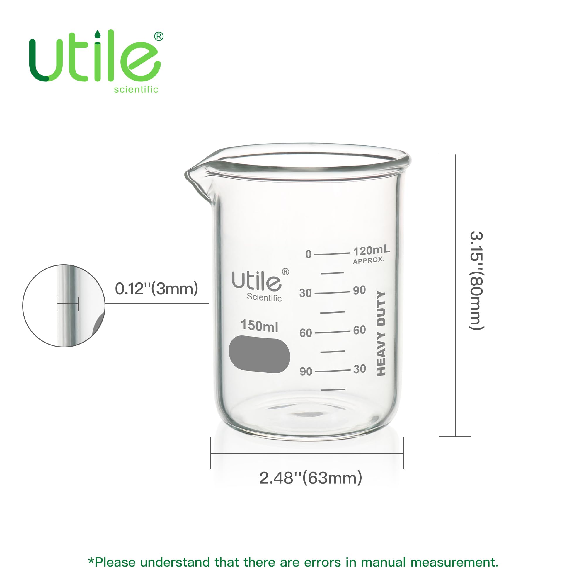 Utile 10 Stück Borosilikatglas Becher 3.3 150 ml mit aufgedruckter Skala 4000.0150.10