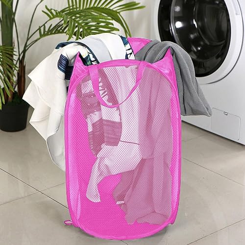 Miniatura 5 de Larpur Paquete de 2 cestas plegables para lavandería, plegable, portátil, de malla, con asas de transporte reforzadas (rosa)