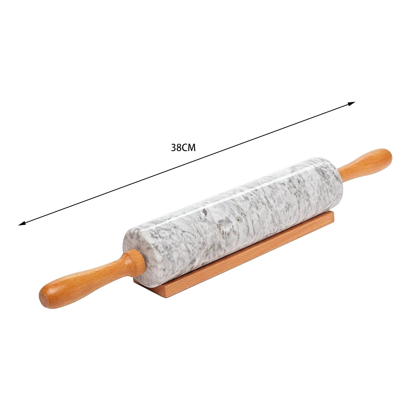 Rodillo de Mármol con Mango Y Base de Madera, Revestimiento Antiadherente, Ideal para Hornear Pasteles Y Pizzas, para Extender, Blanco, Individual