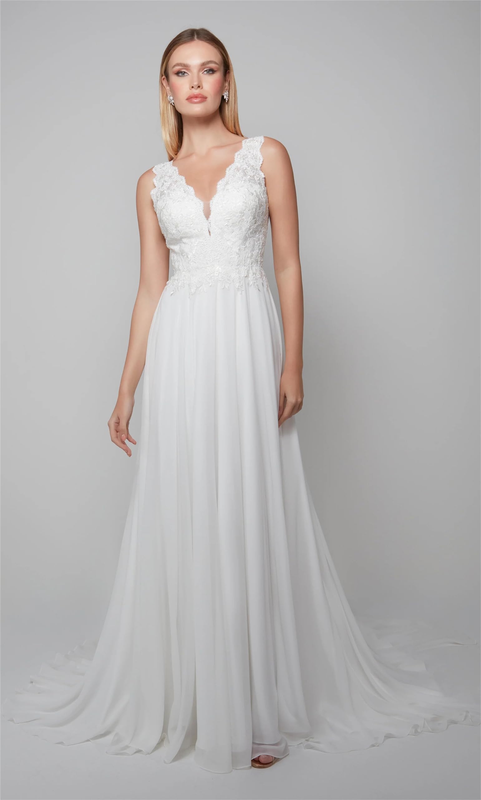 Abito da Sposa Abiti da Sposa Manica Lunga Scollatura a V Ufficio Civile Moda Sposa Abiti da Sposa, Bianco 18, 50
