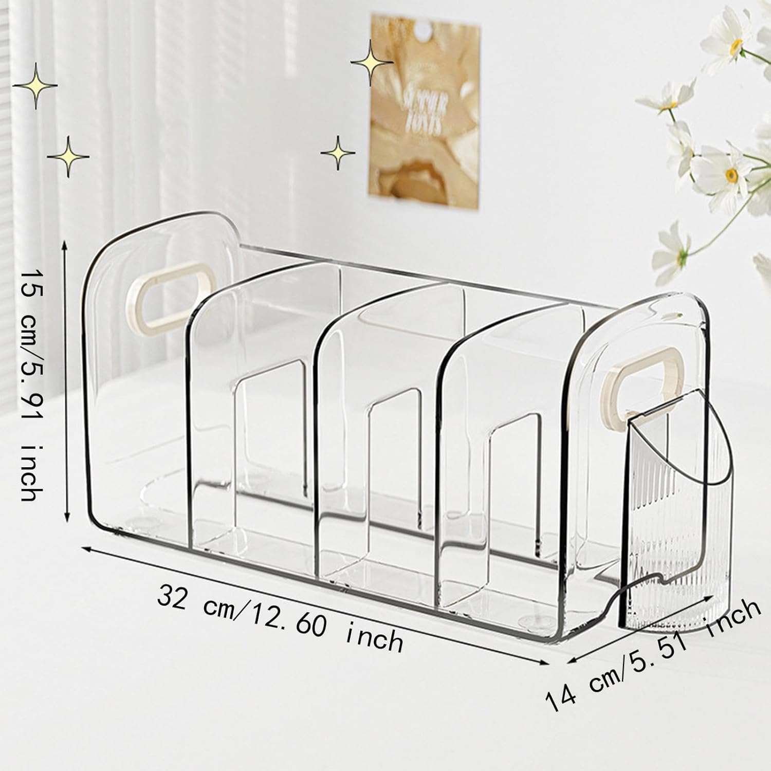 Apexx Adjustable Plastic Desktop Bookshelf – 4-Compartment Book & Magazine Holder | Sturdy Desk Organizer Rack for Students, Office & Home Use – White