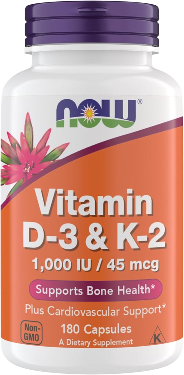 Now Supplements Vitamin D3 K2, 1,000 IU/45 mcg, Cardiovascular Support, Supports Bone Health, 180 Vegetarian Capsules - Vegan, Gluten Free, Kosher