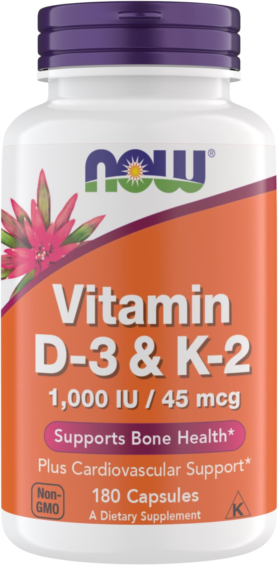 Now Supplements Vitamin D3 K2, 1,000 IU/45 mcg, Cardiovascular Support, Supports Bone Health, 180 Vegetarian Capsules - Vegan, Gluten Free, Kosher