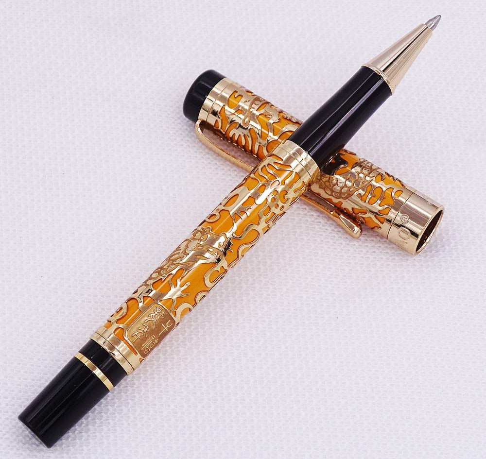 Jinhao 5000 Stylo roller à bille avec étui pour stylo Motif dragon en relief 3D Orange