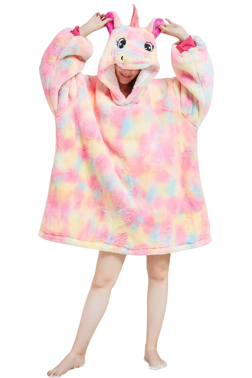 Unisex Blanket Sweatshirt Hoodie, Unicorn Winter Warm Soft Oversized Sherpa Hoodie Wearable Blanket Dressing Gown Nightdress Nightshirts Nightwear Pyjamas for Men Women