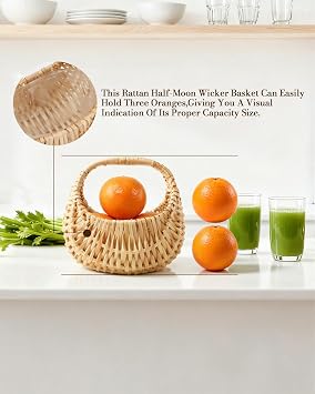4 PCS Rattan Half Moon Wicker Basket, Small Wicker Woven Basket with Handle, Woven Wedding Flower Girl Baskets, Picnic Basket, for Home Wedding Decor, Photo Props, Camping