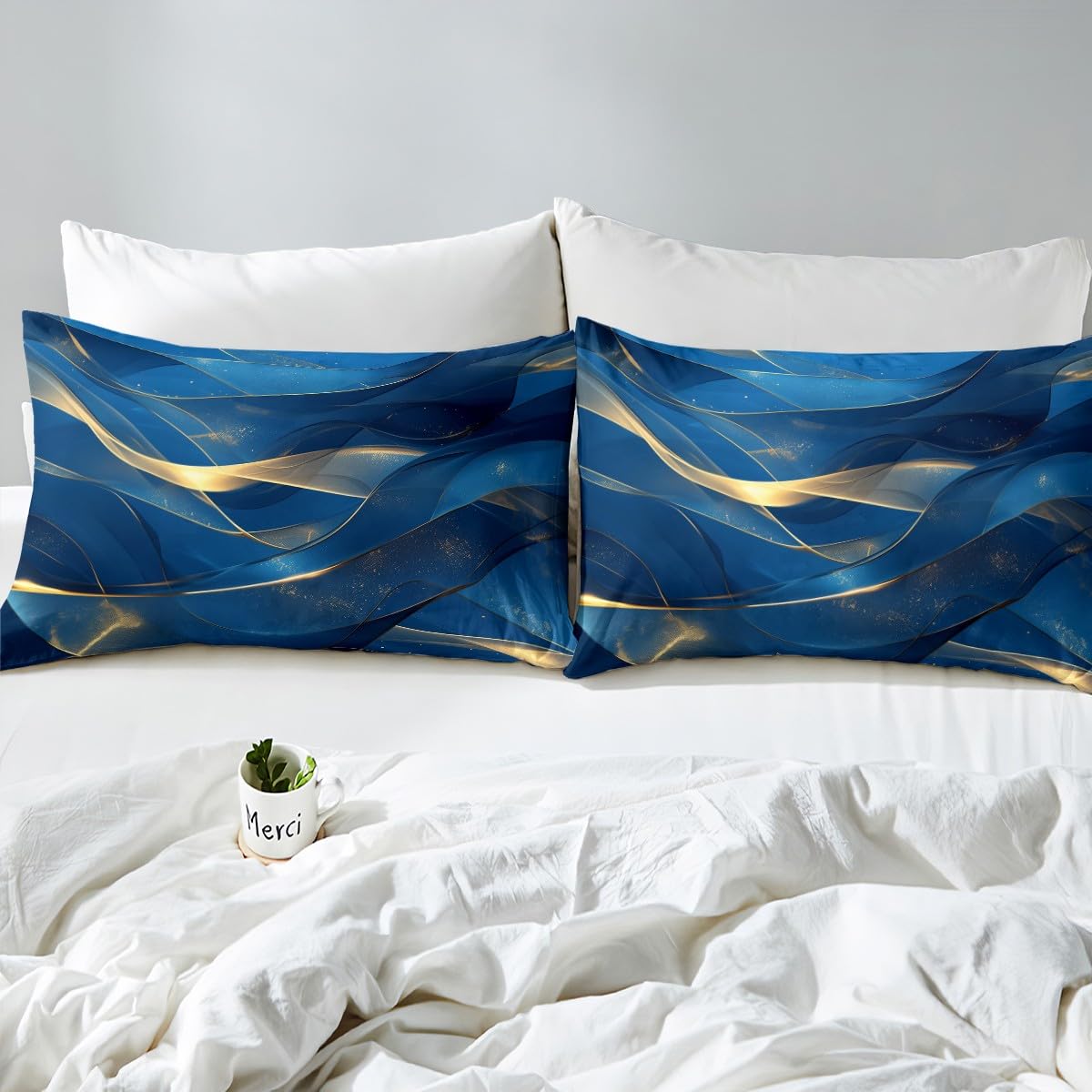 Homewish Housse de Couette 220x240 Bleu Marine et Or, Parure de Lit Enfant Adulte Imprimée Esthétique Abstraite du Marbre, Sets de Housses de Couettes Abstrait Aquarelle Couvre Lit Moderne