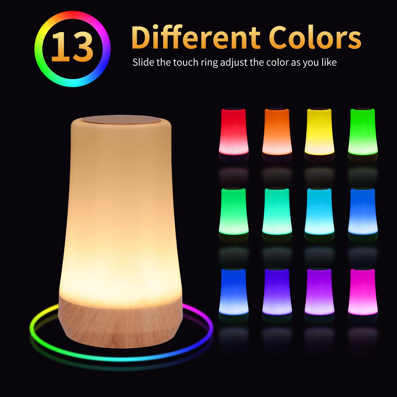 OORUN Touch-Nachttischlampe, 13 RGB-Farben und 5 Helligkeiten, über USB wiederaufladbare Schreibtischlampe, Fernbedienung, dimmbares Licht mit RGB-Farbwechsel, tragbare Lampe für Babys (F9)