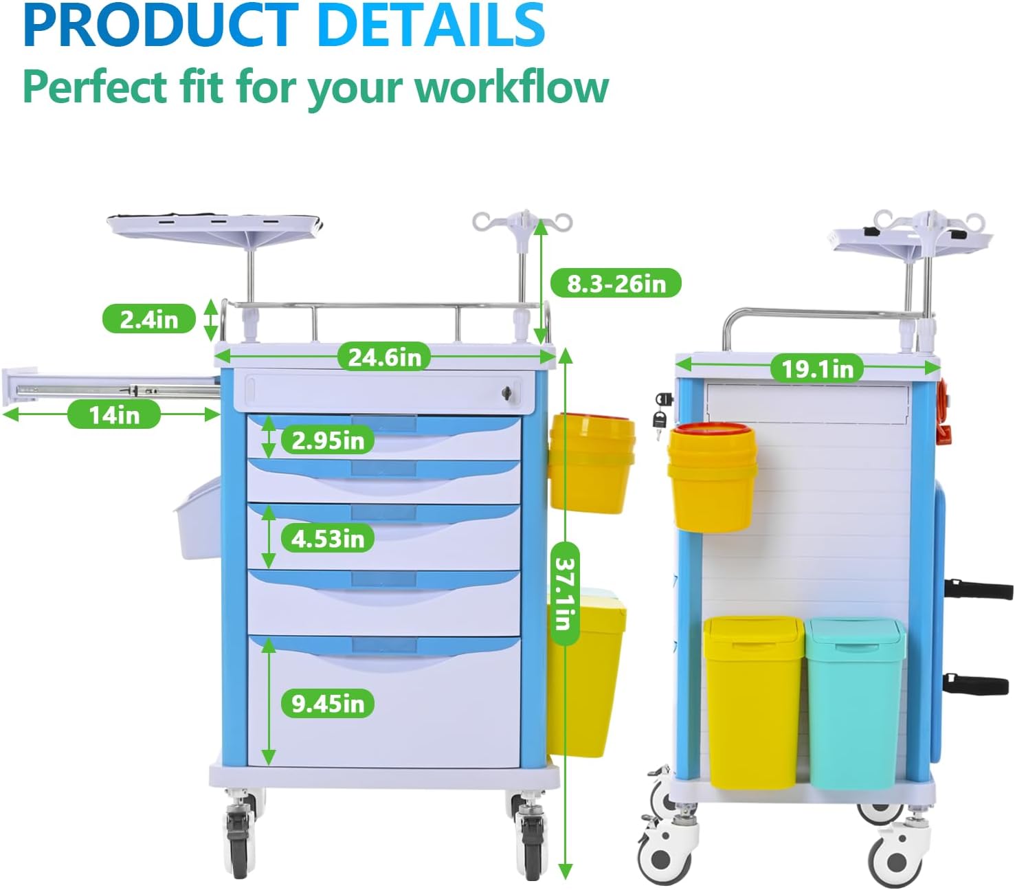Medical Rolling Storage Crash Cart with Wheels & Drawers, Mobile Medical Cart with 5-Drawer, Medical Rolling Cart for Supplies, Nursing Emergency Cart for Hospital & Clinic, Adjustable IV Pole