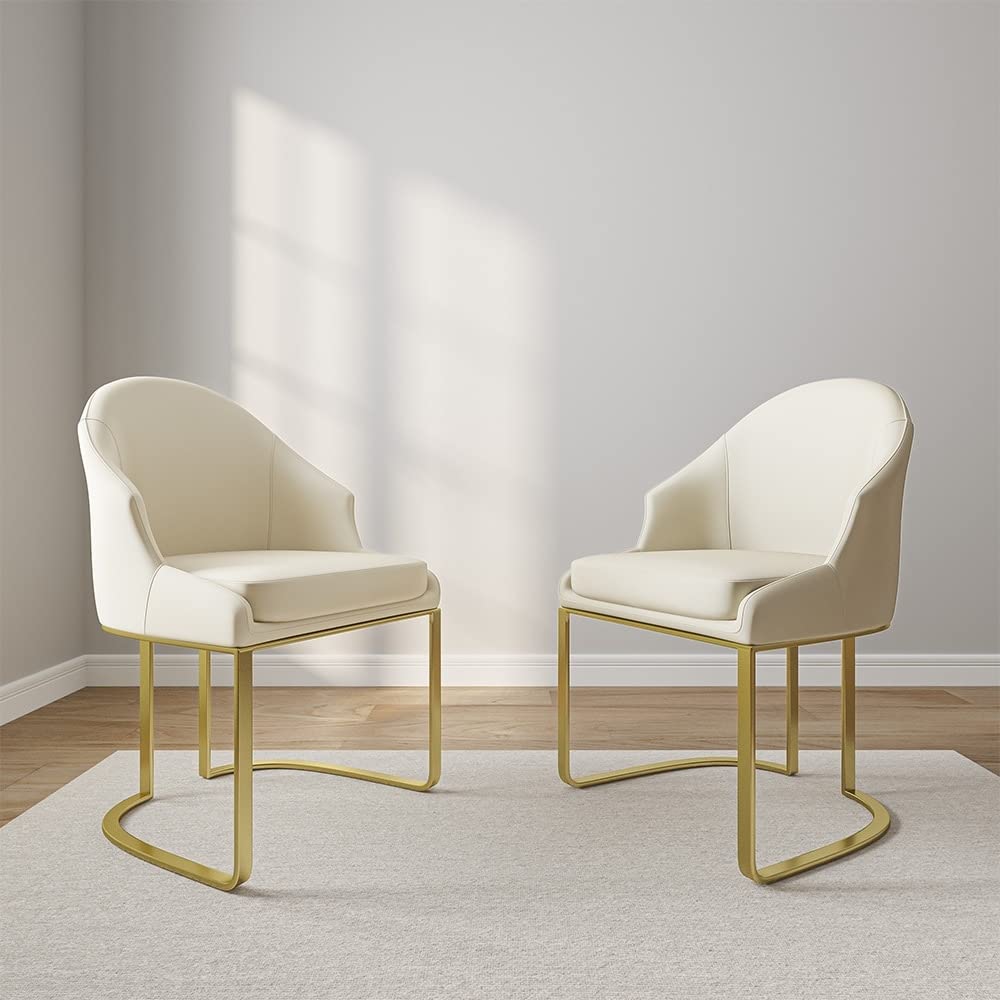 Modern Luxury Dining Chair Pu Leather Upholstery Stainless Steel Base Beige Set of 2 22.83" Mid-Century Upholstered Finish