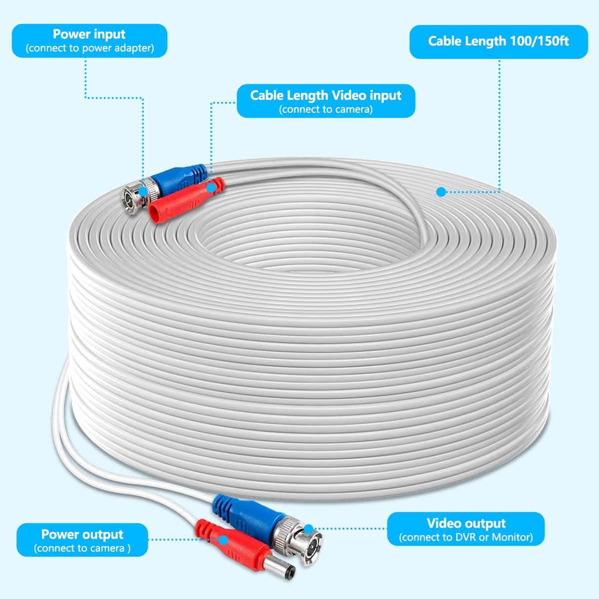 4×200 Feet Video Power Cable BNC Extension Outdoor Wired Surveillance Camera All-in-One Cables for CCTV Security Cameras DVR System with 4xBNC Connectors and 4xRCA Adapters, White