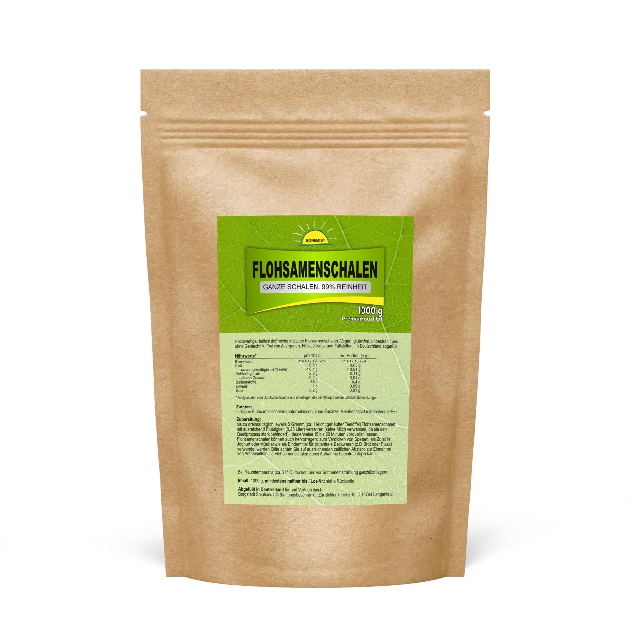 Bonemis Indische Flohsamenschalen + Produktbeschreibung 1 kg Beutel