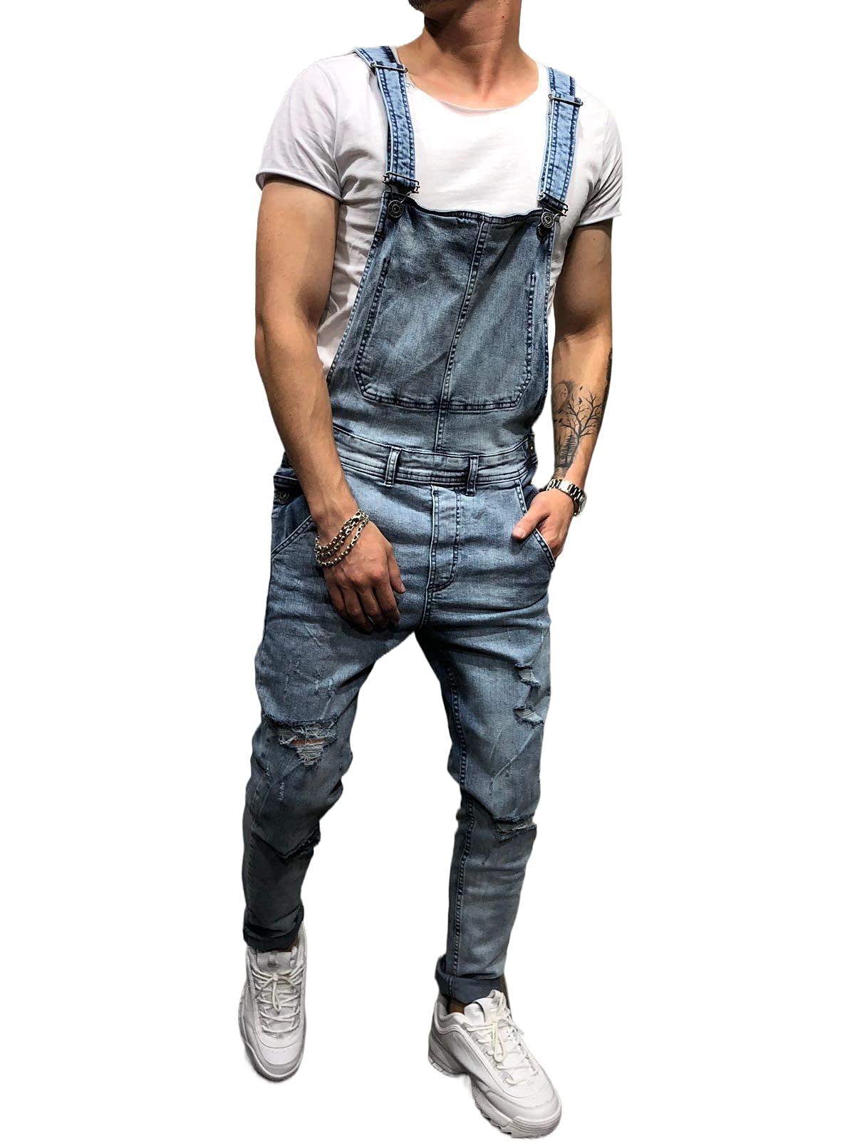 Geagodelia Salopette Uomo in Denim Casual Pantaloni Strappati Uomo in Tinta Unita Salopette Uomo Jeans Slim Fit Moda Ragazzo S-3XL Jumpsuit