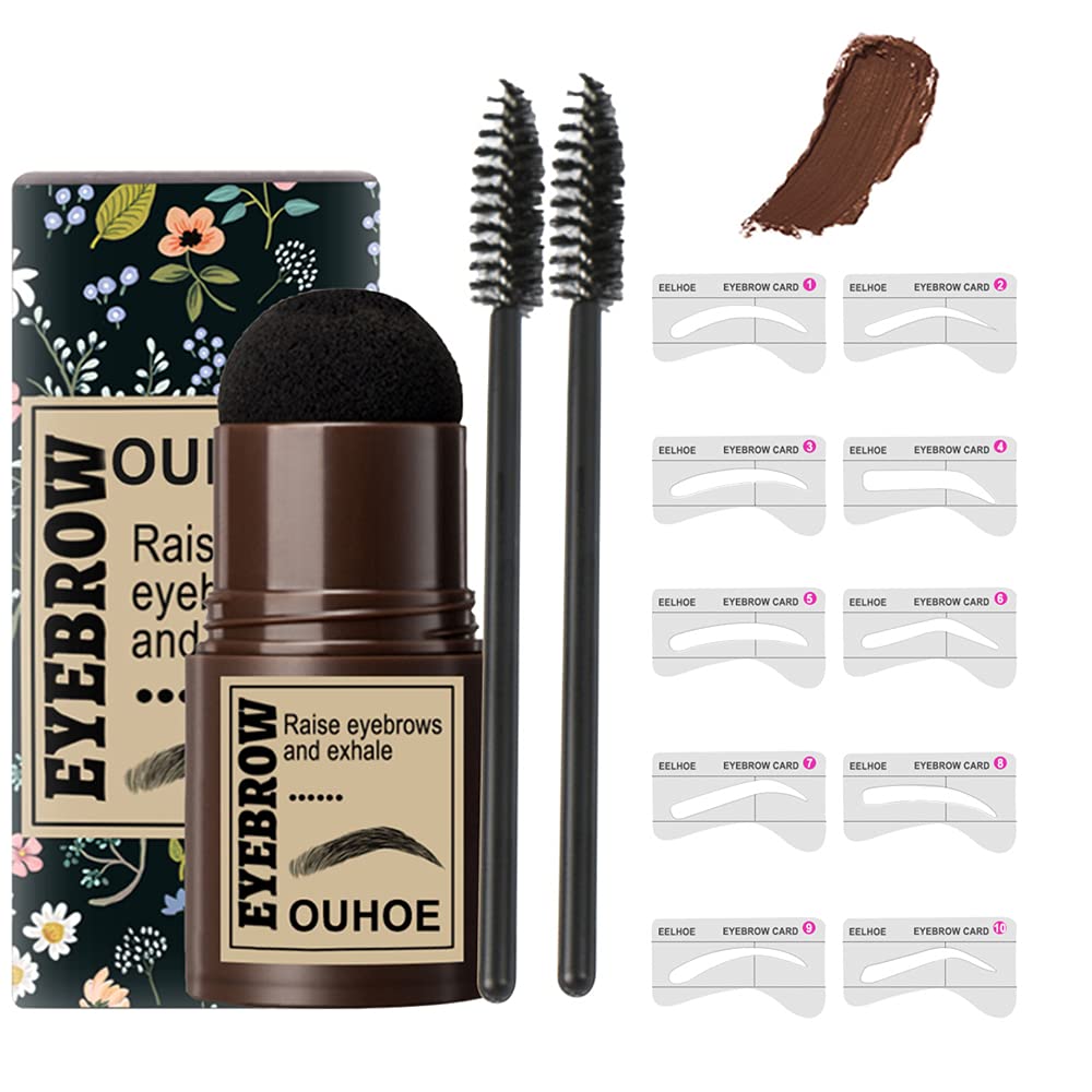 Guillala 1 Set Eyebrow Stamp Shaping Kit Professional Eyebrow Powder Stamp Makeup with 10 Reusable Eyebrow Stencils and 2 Eyebrow Brushes Great for Women Girls, Light Brown