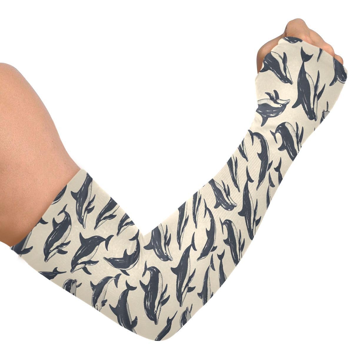 ALAZA Dolphin Fish Retro Gardening Sleeves Cooling Arm Sleeves Sun Protection Thumb Hole Arm Covers for Women Men