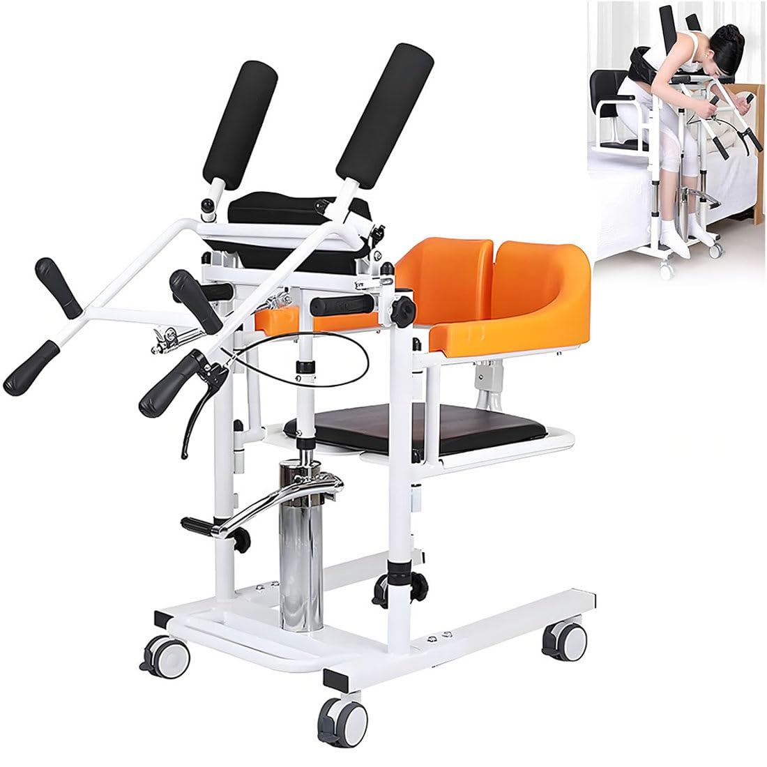 Sollevatore Idraulico per Pazienti,Sedia Trasferimento Regolabile in Altezza,con Schienale Diviso a 180°/Vasino, Portatile Sollevatore Idraulico con Pedale Antiscivolo,Fino a 200 kg Orange