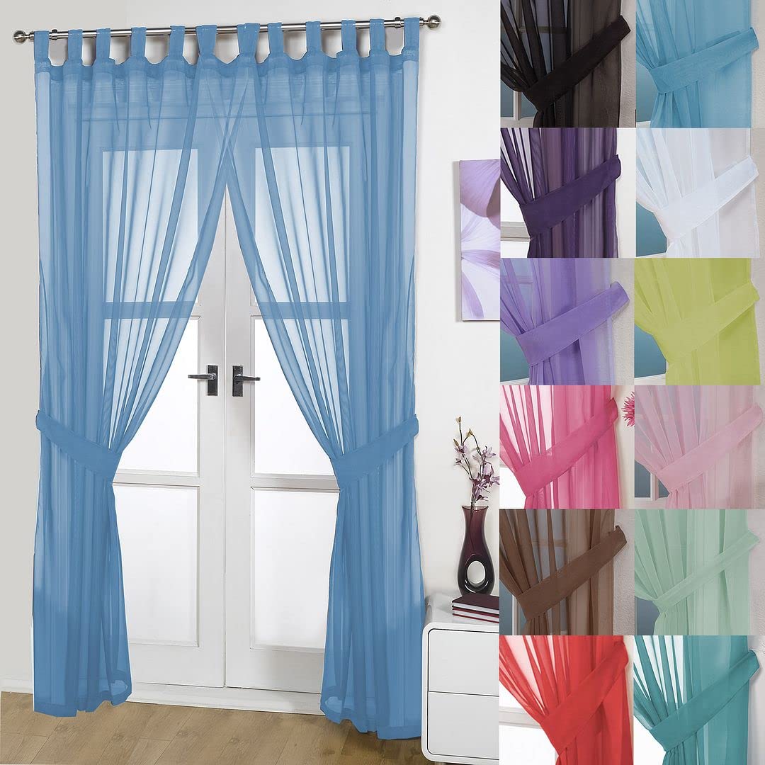 John Aird Pair Of Woven Voile Tab Top Curtain Panels. Tiebacks Included (Blue, 58" Wide x 36" Drop) — image 1