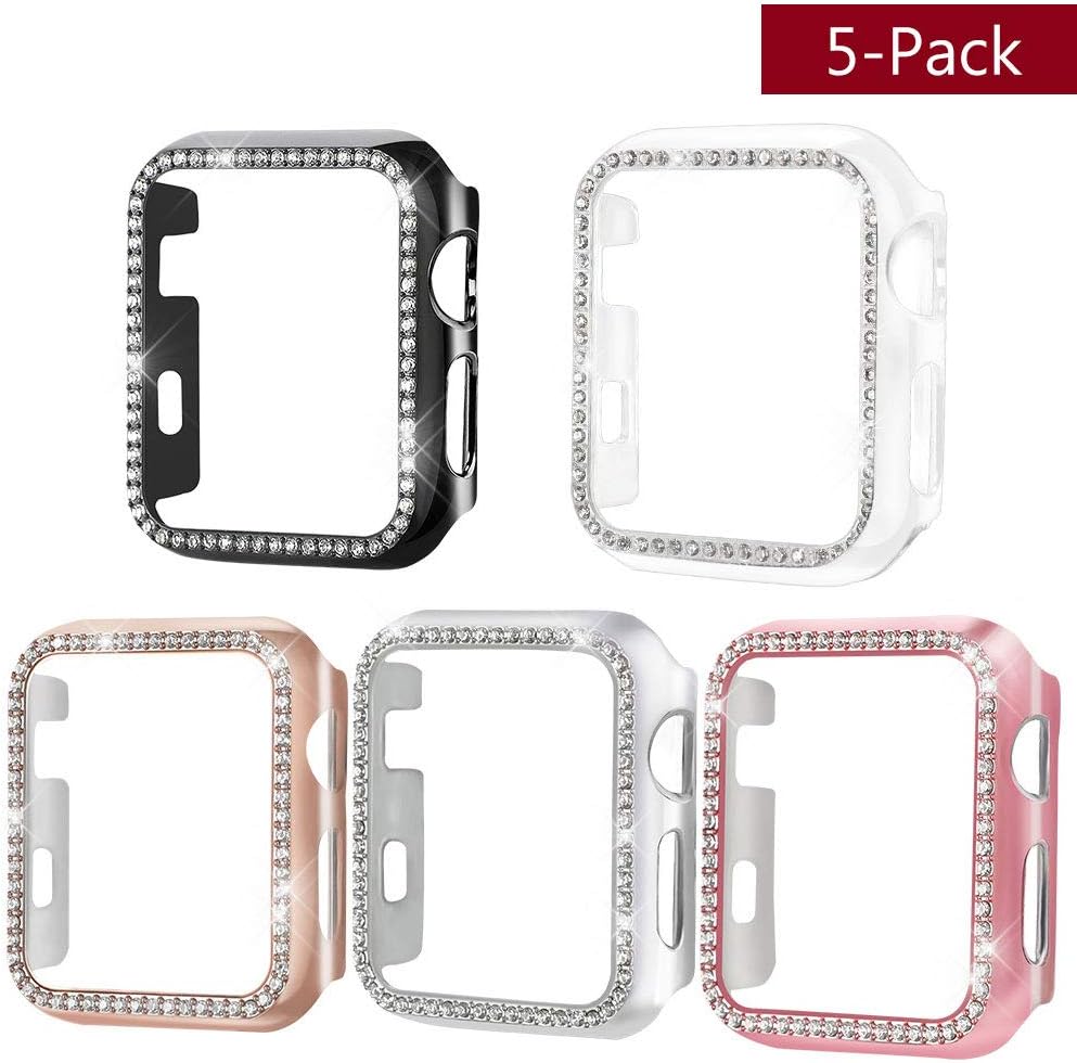 [5-Pack] Henstar Compatible with Apple Watch Series 6/5/4/SE 40mm Bling HD Tempered Glass Screen Protector Full Coverage Protective Cover for iwatch (Black/Pink/Rose Gold/Silver/Clear)