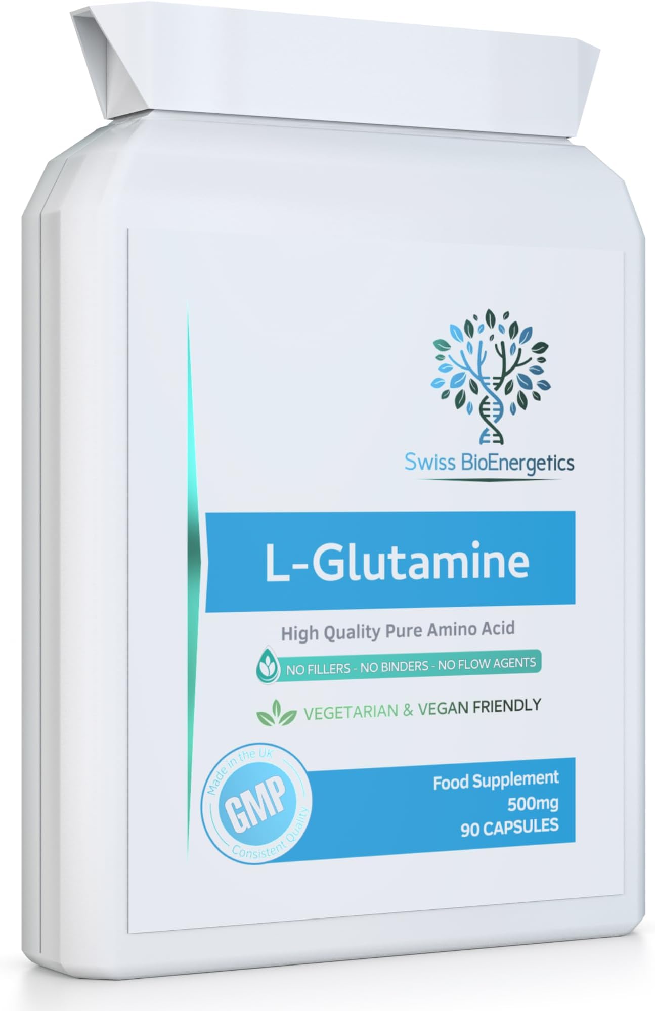 L-Glutamine 500mg 90 Capsules - Pure Amino Acid with no fillers or Binders - Suitable for Vegetarians and Vegans – Exclusively Manufactured in The UK