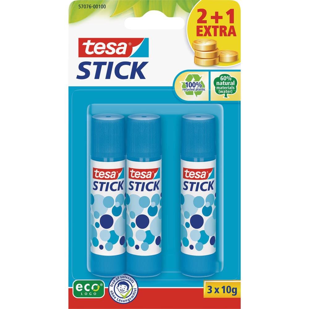 tesa Glue Stick - Odourless Craft Glue Stick for Paper and Cardboard - Solvent-Free and Environmentally Friendly - 3 x 10 g, blue