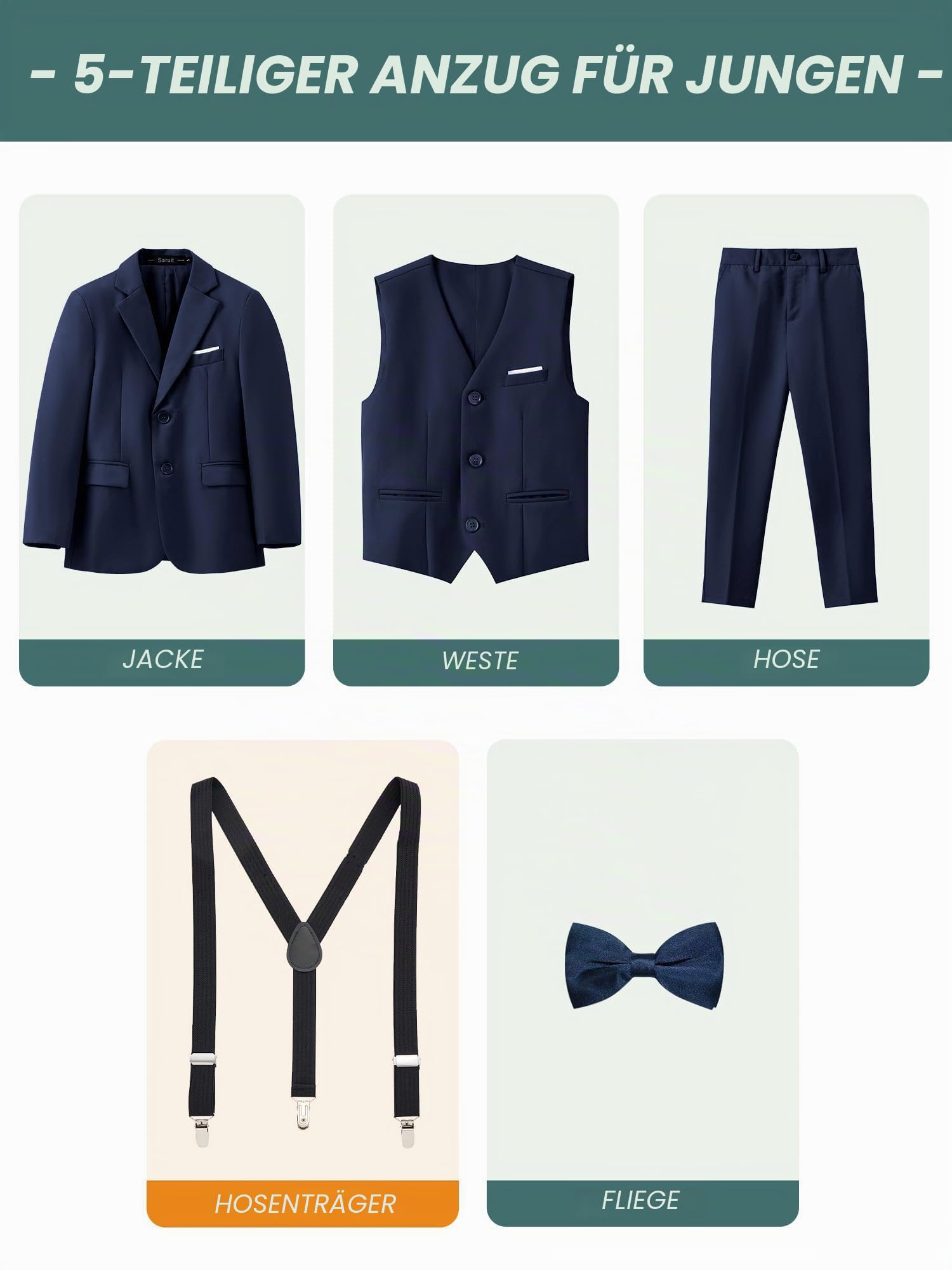 Jungen 5 Stück Anzüge Slim Fit Hochzeit Geburtstag Prom Performance | Für alle Jahreszeiten geeigneter Jungen Anzug inklusive Sakko, Weste, Anzughose, Hosenträger und Fliege
