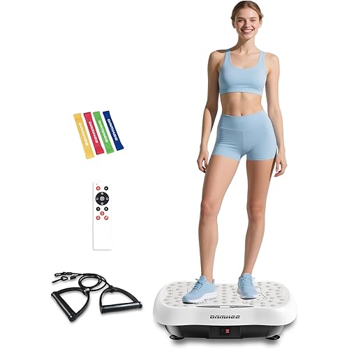 Vibrating Board Workout, Weight Loss Exercise Equipment and Lymphatic Drain Massager, Waver Fitness Exerciser, 4 Resistance Bands (White)