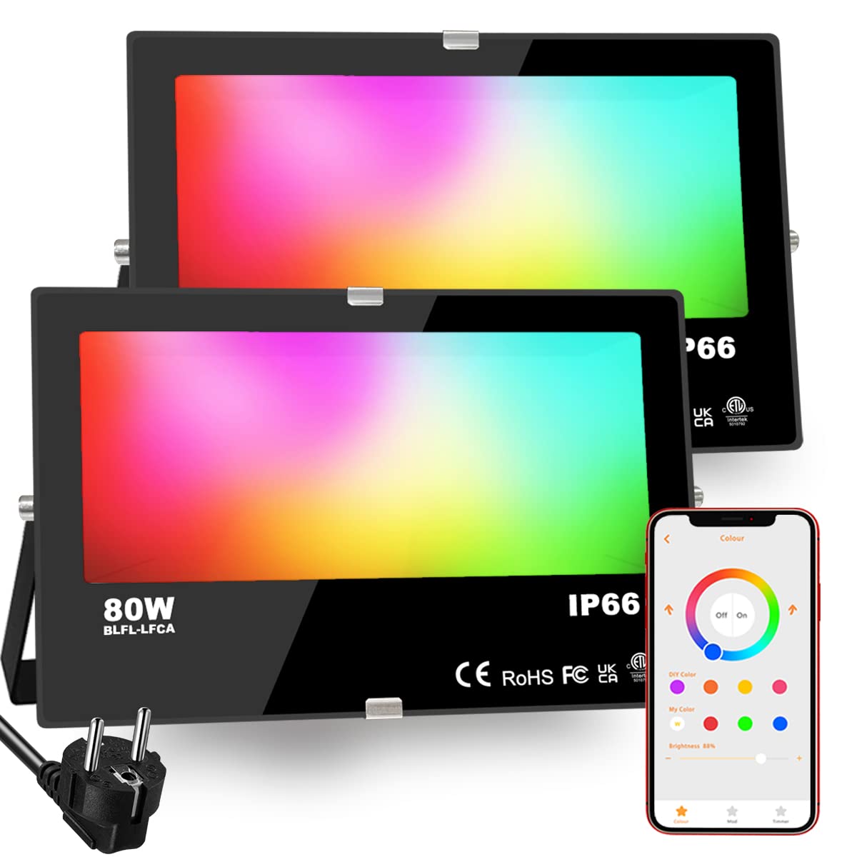 iLC, reflektor LED RGB 80W, reflektor zmieniający kolor RGBW odpowiadający mocy 800W, timer grupujący 16 milionów kolorów, ciepła biel 2700K, stopień wodoodporności IP66 (2 sztuki w zestawie)