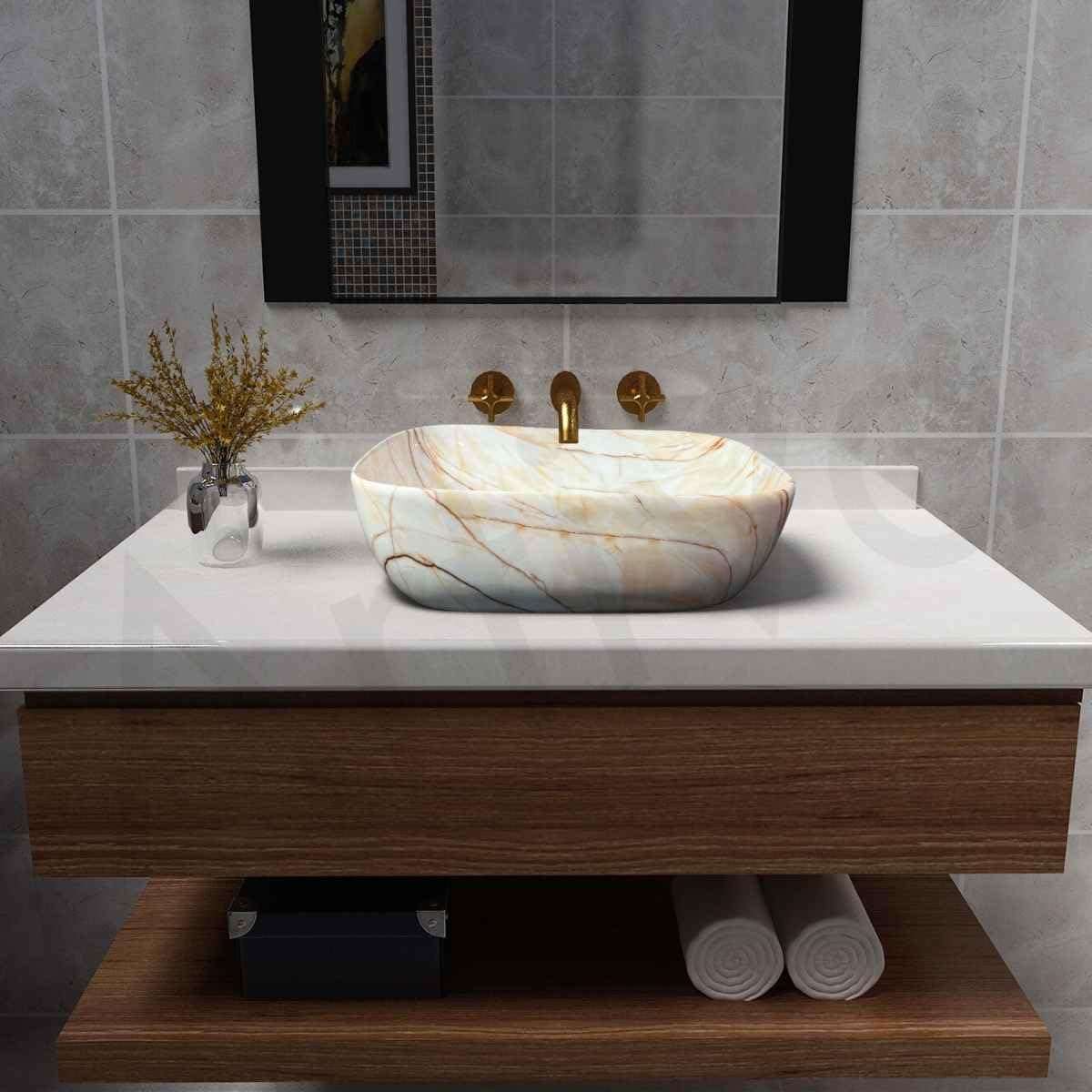 Artiva Glossy Designer Ceramic Bathroom Sink | Counter Top Wash Basin For Living Room | Rectangular Kitchen Sink | Small Size (Marbo Beige 10x14 Inch) 1