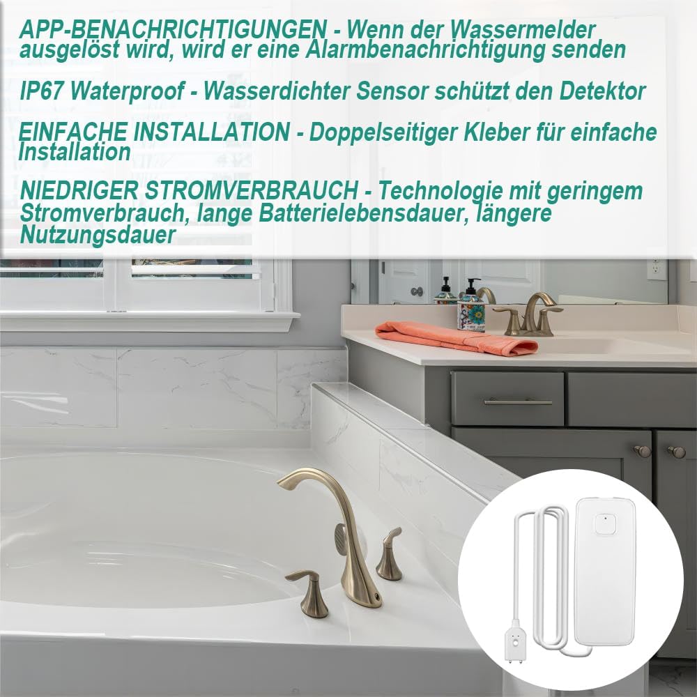 Sensore di perdita d'acqua WiFi, sensore d'acqua da 80 dB, allarme pompa di palude, app TUYA, monitoraggio remoto gratuito per perdite d'acqua, SMS e notifica telefonica può essere attivato
