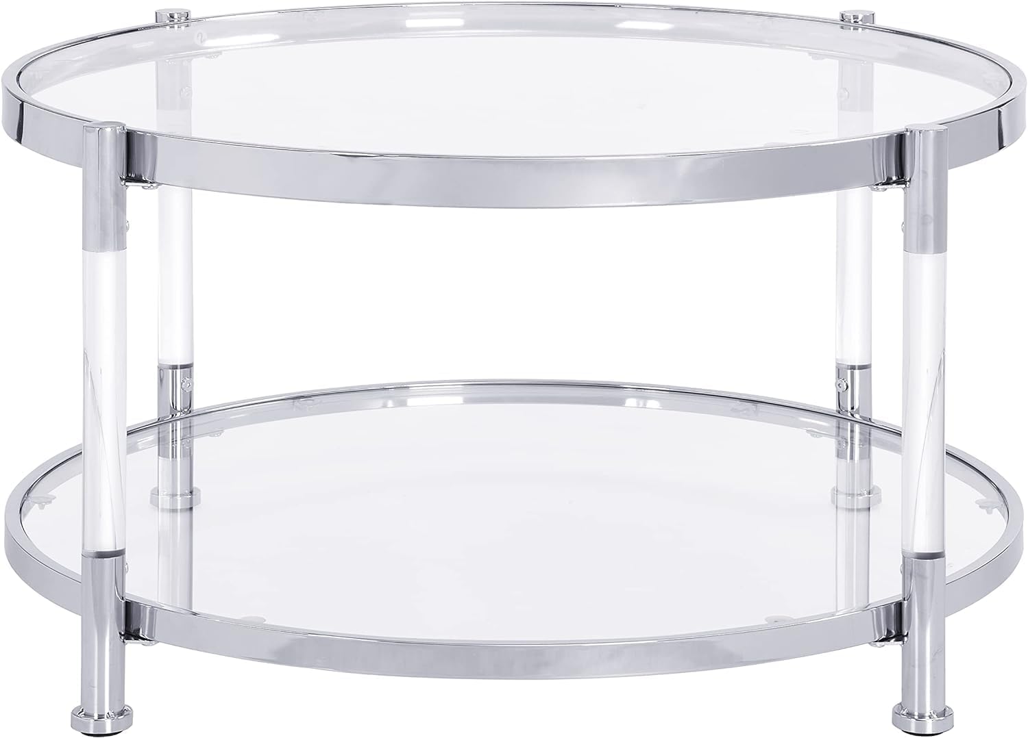 Round Silver Metal Base Coffee Table, 2-Tier Acrylic Glass with Storage, Modern Coffee Table for Living Room